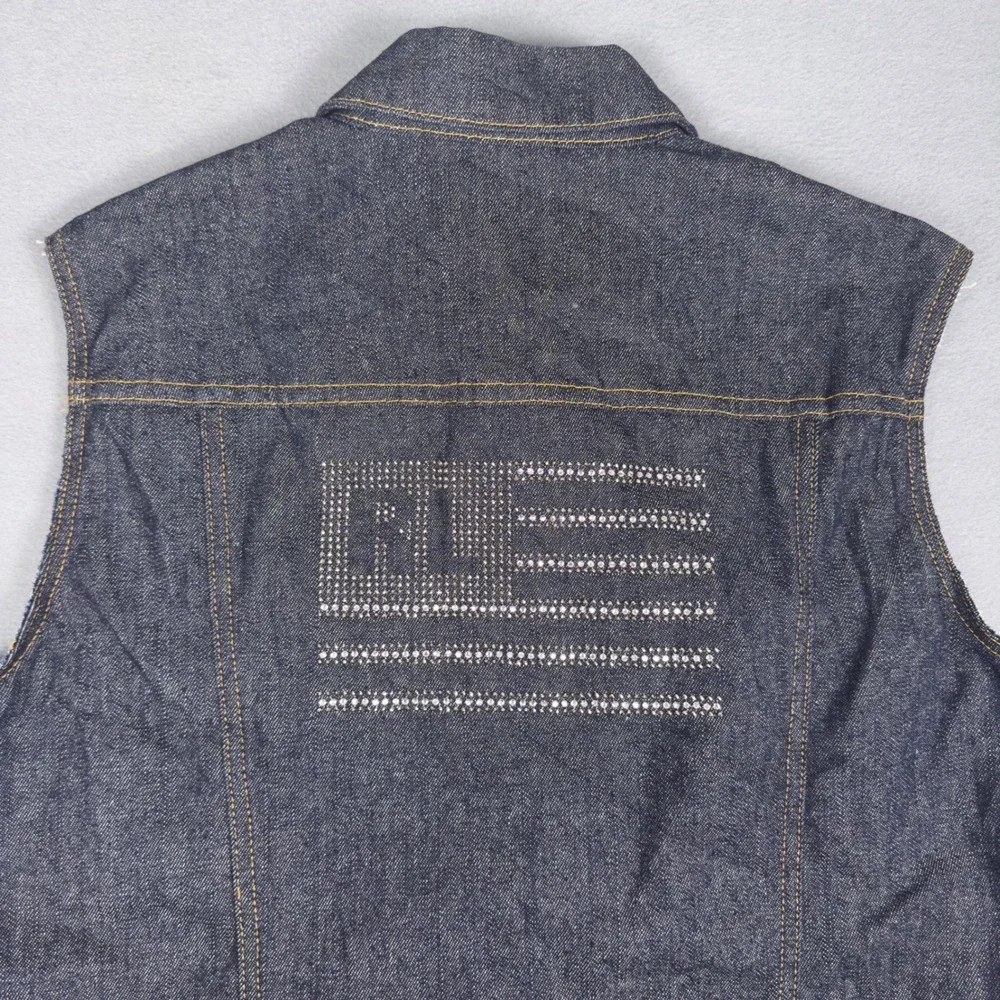 Y2K Polo Jeans Co‎ Ralph Lauren Rhinestone Flag Denim Vest Dark Wash XL